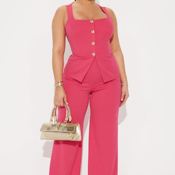 Ready For Business Office Vest Wide Leg Pant Set - Fuchsia