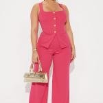Ready For Business Office Vest Wide Leg Pant Set - Fuchsia