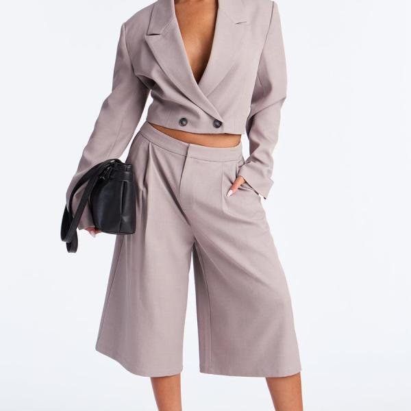 Boardroom Babe Cropped Blazer Trouser Short Set - Grey