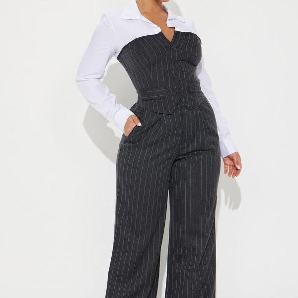 In Attendance Pinstripe Wide Leg Pant Set - Black