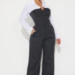 In Attendance Pinstripe Wide Leg Pant Set - Black